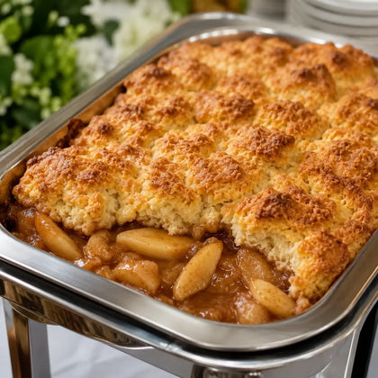 Rx Catering warm apple cobbler with cinnamon apples and buttery crumble topping